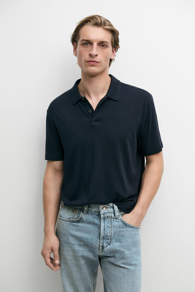 Linen and cotton short sleeve polo shirt