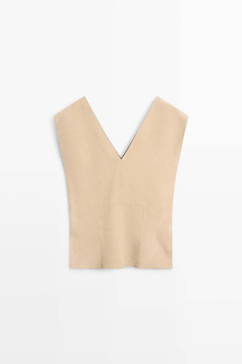 Top sans manches en cuir finition daim