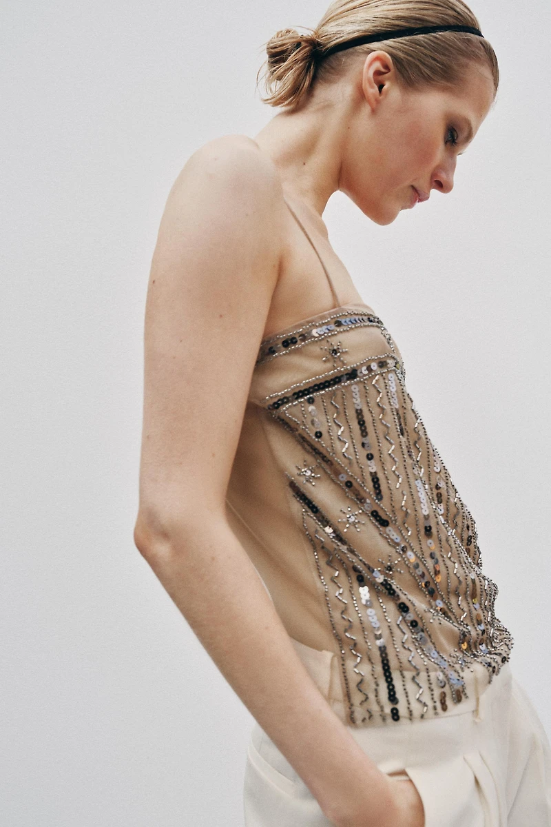 BEADED SEQUIN TULLE TOP
