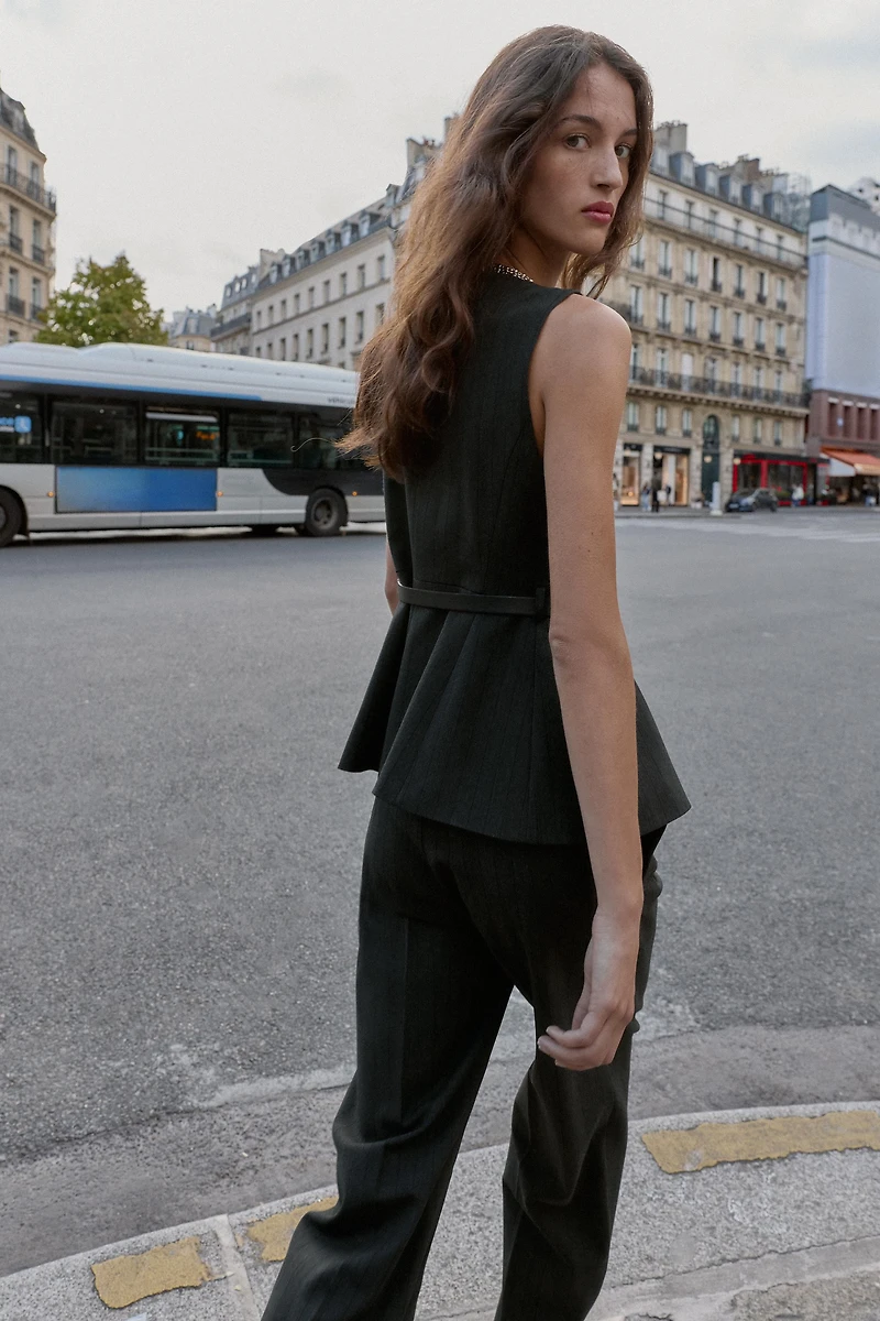 HERRINGBONE PEPLUM VEST WITH BELT