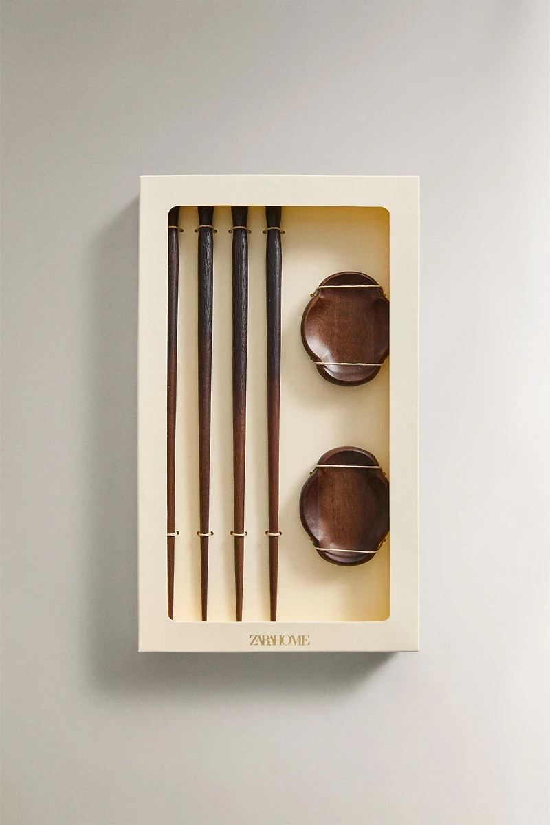 WOODEN CHOPSTICKS AND STAND SET (SET OF 2)