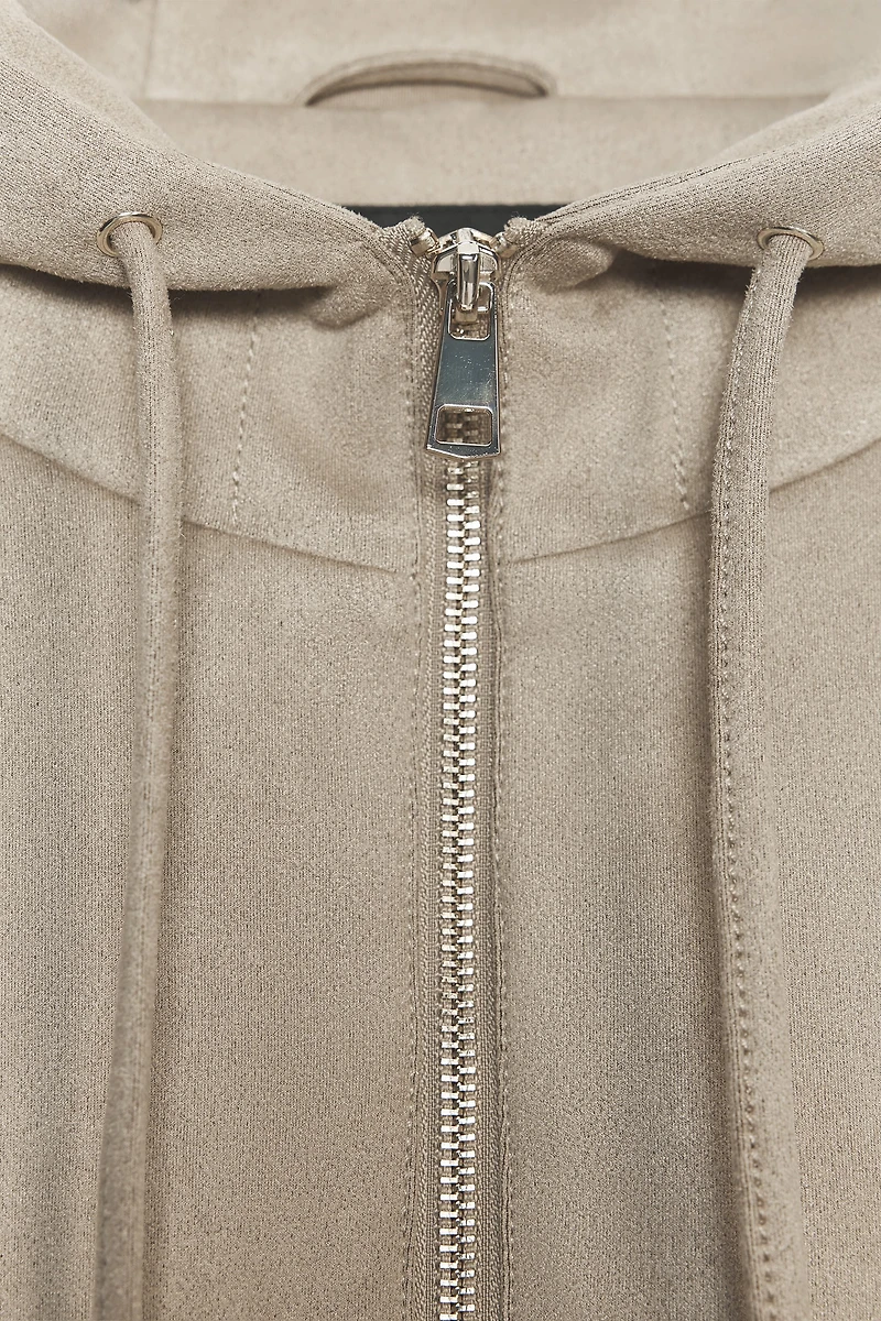 FAUX SUEDE HOODED BOMBER JACKET
