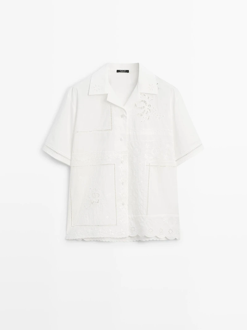 Embroidered short sleeve patchwork shirt