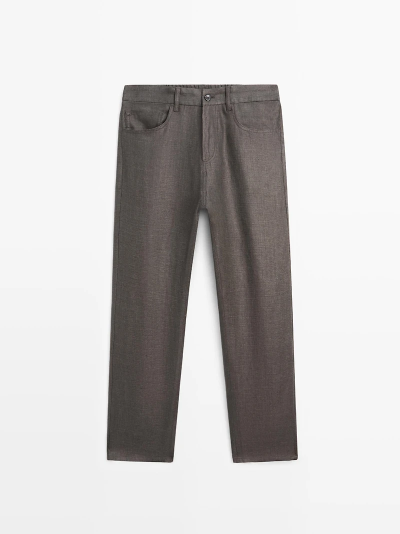 Linen semi-jogger fit denim-effect trousers