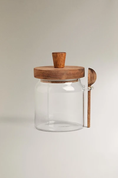 BOROSILICATE GLASS AND WOOD SUGAR BOWL