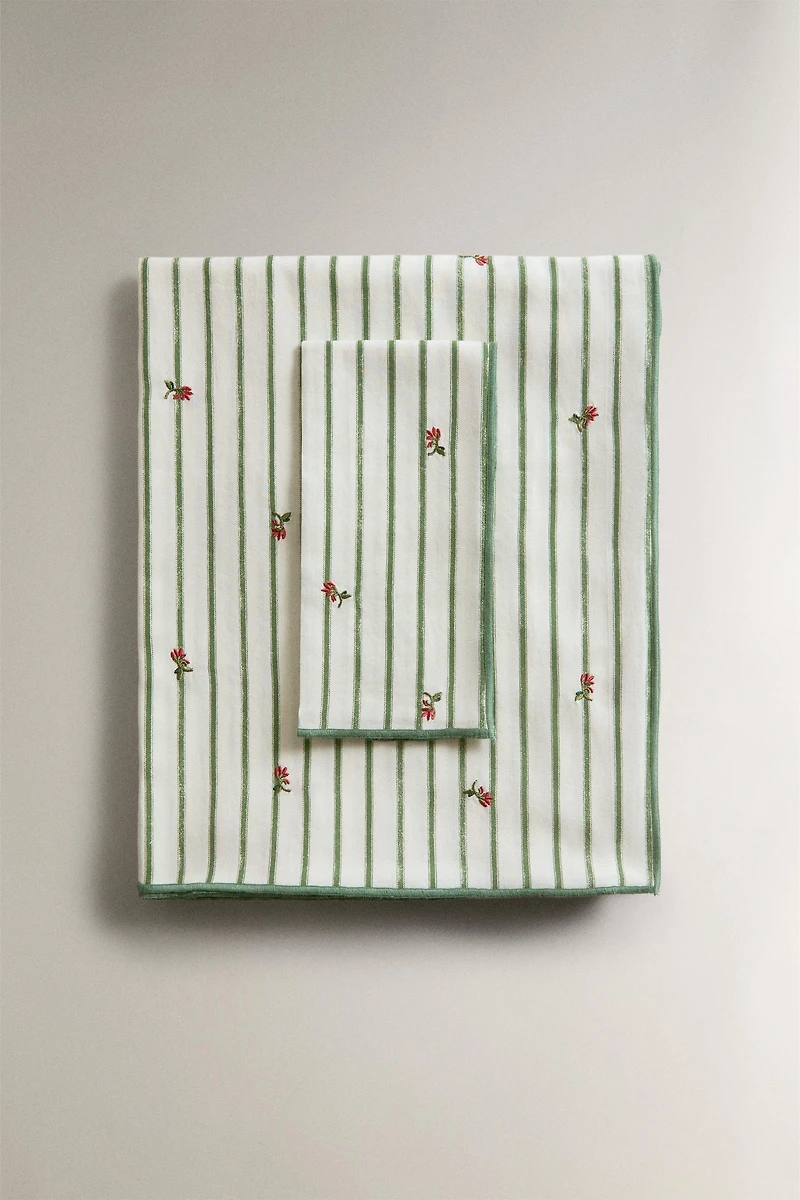 STRIPED TABLECLOTH WITH FLORAL EMBROIDERY
