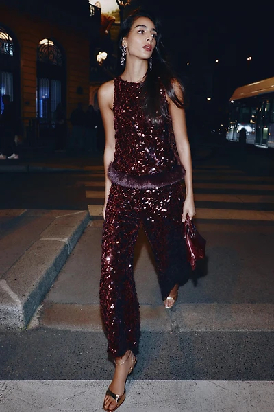 SEQUIN TOP WITH FAUX FUR HEM