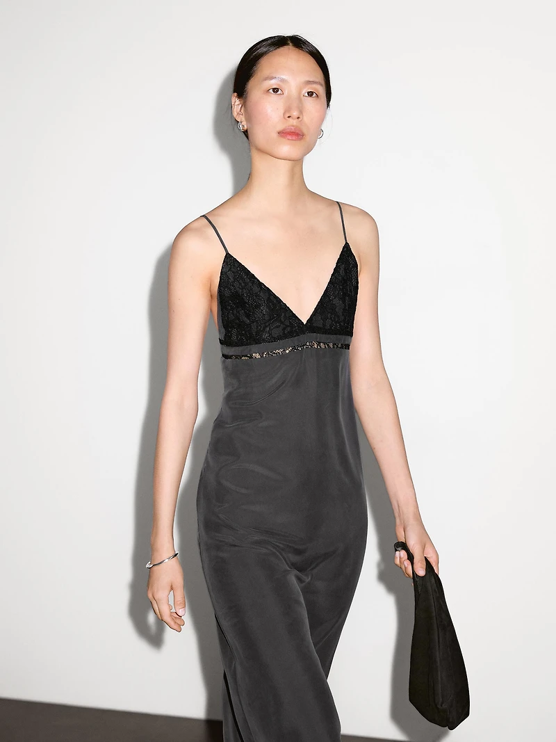 100% silk midi dress with lace detail