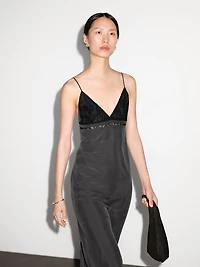 100% silk midi dress with lace detail