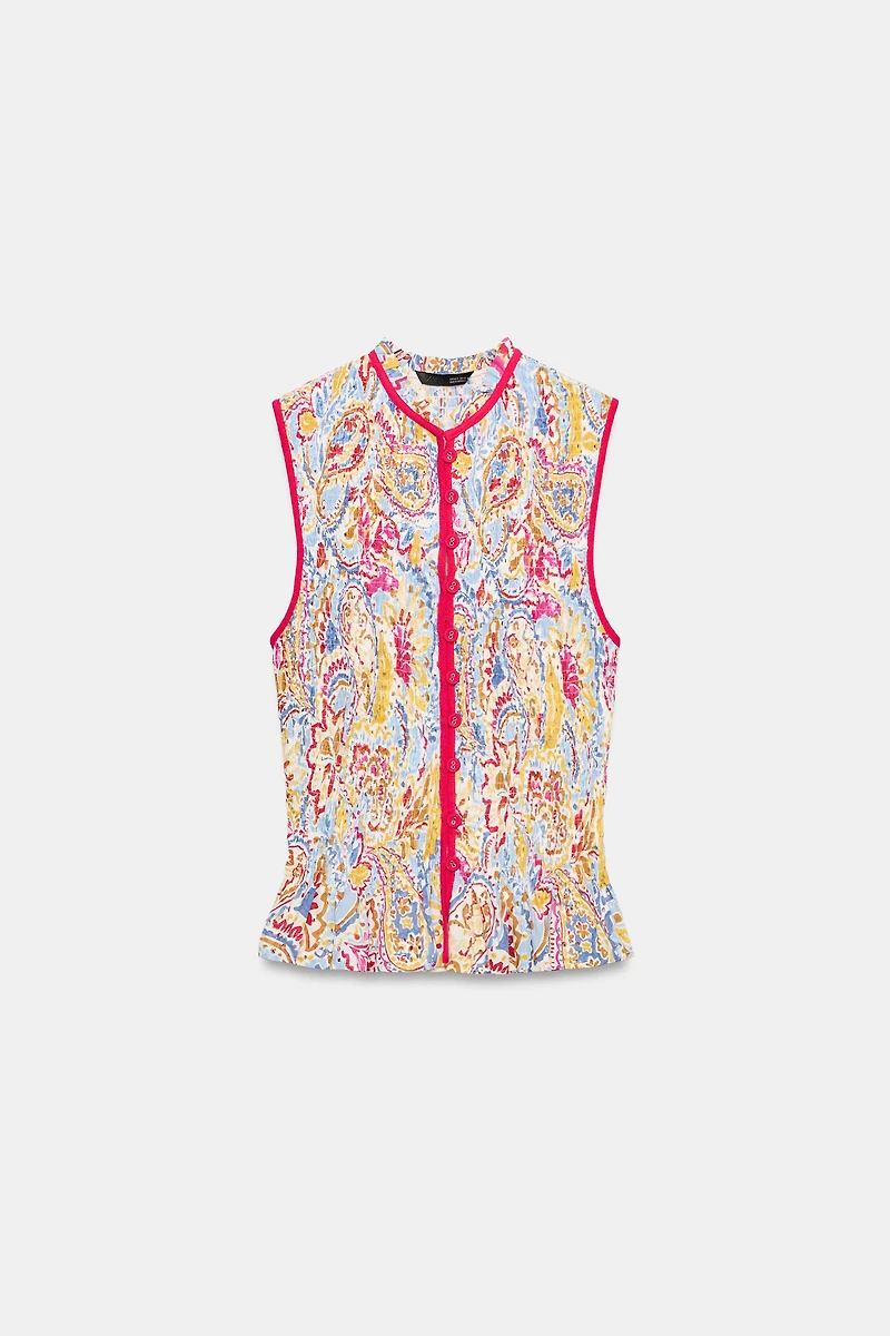 PRINTED EMBROIDERED EYELET TOP