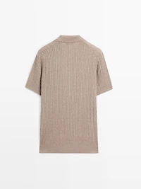 Short sleeve knit polo shirt with cable-knit detail