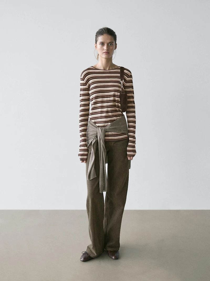 Cotton blend striped long sleeve T-shirt