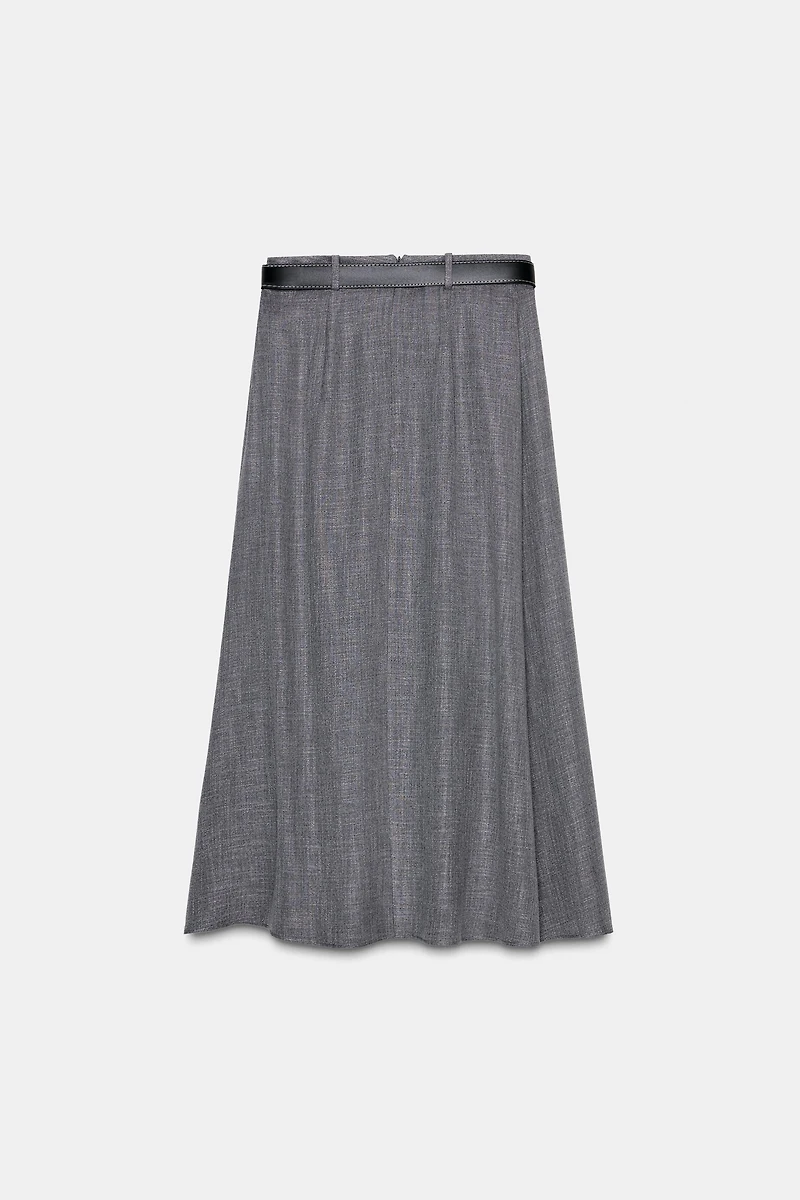 PLEATED BELTED MIDI SKIRT