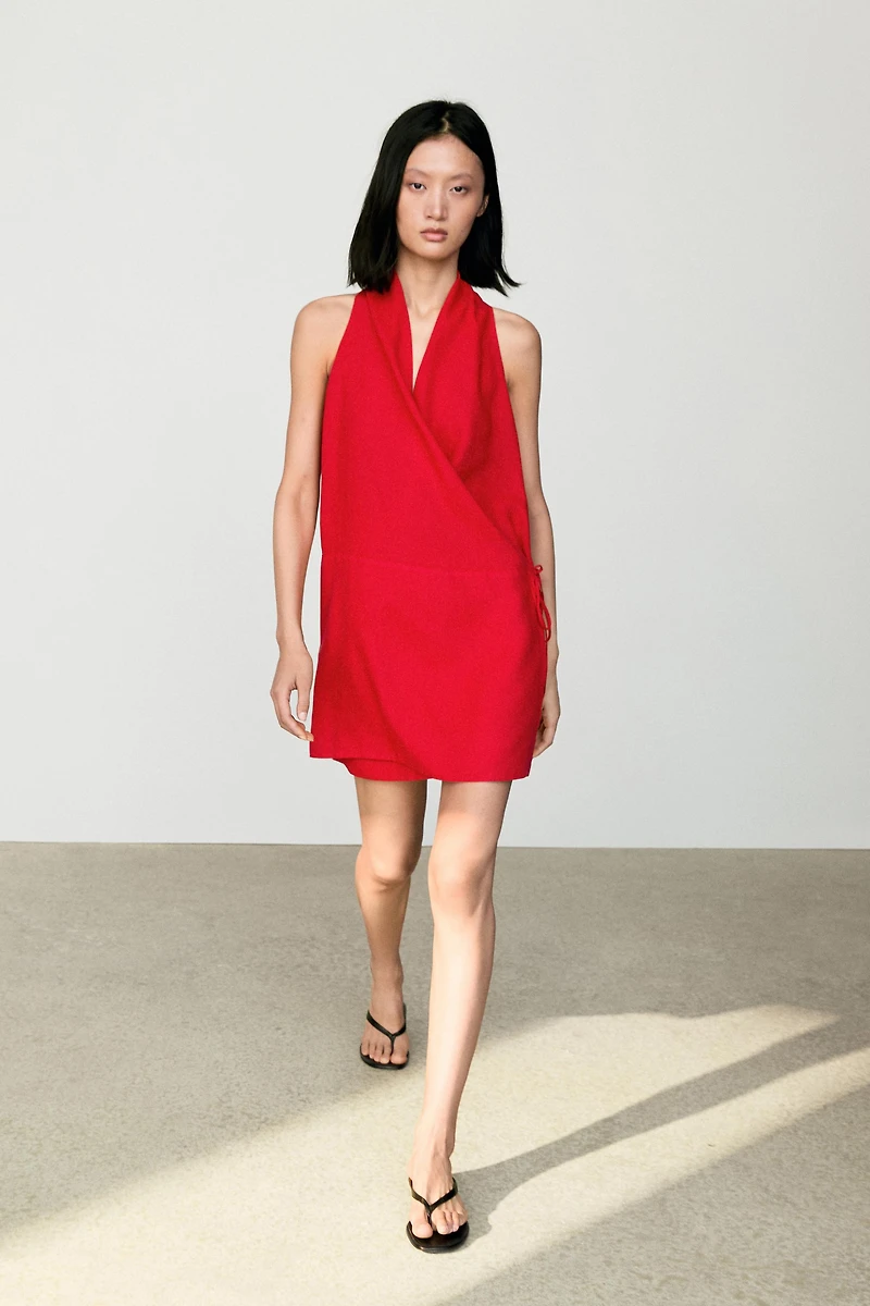 100% linen surplice mini dress