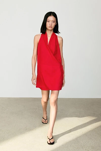 100% linen surplice mini dress