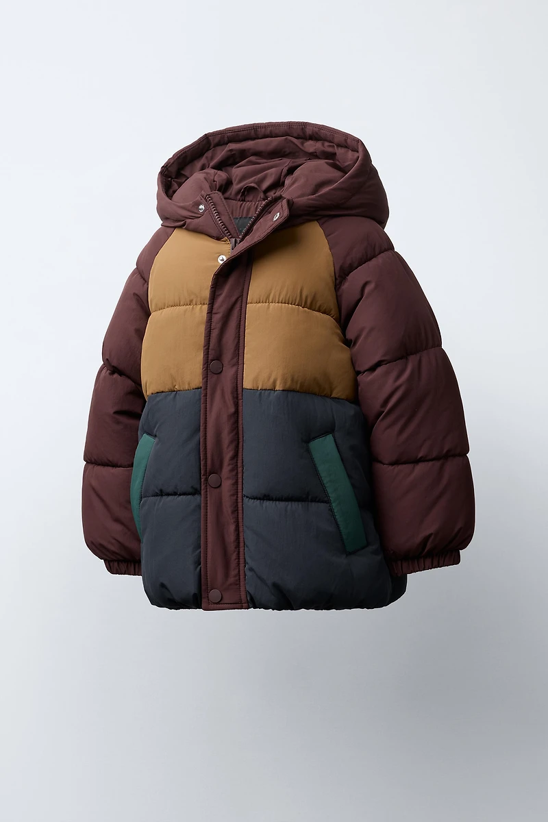 COLOR BLOCK WATER REPELLENT FLEECE PUFFER COAT