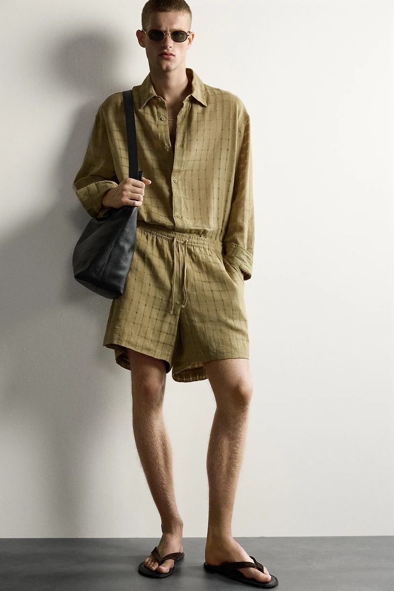 RELAXED FIT CHECKERED LINEN-COTTON JACQUARD SHIRT