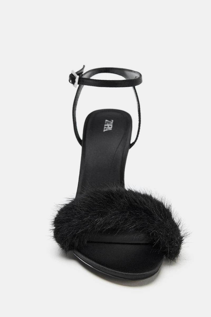 FAUX FUR STRAP HEELED SANDALS
