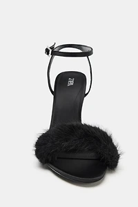 FAUX FUR STRAP HEELED SANDALS