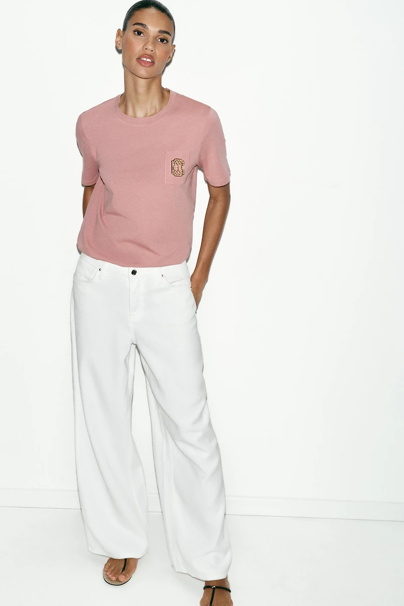 WASHED EFFECT BEAD TRIM T-SHIRT