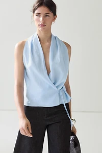 Top à encolure américaine avec nœud 100 % lin