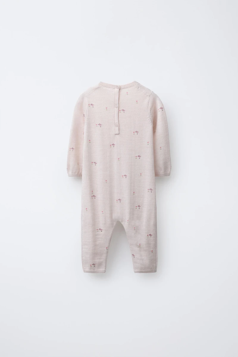 100% MERINO WOOL BIRD PRINT LONG JUMPSUIT