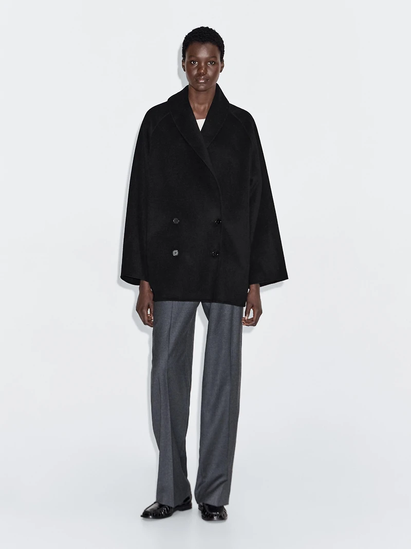 Wool blend mid-length coat with lapel collar
