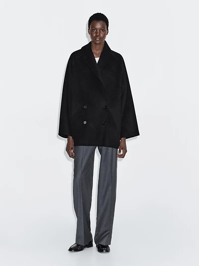 Wool blend mid-length coat with lapel collar