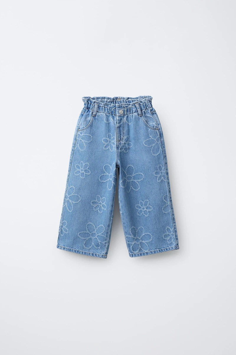 EMBROIDERED FLORAL WIDE LEG JEANS