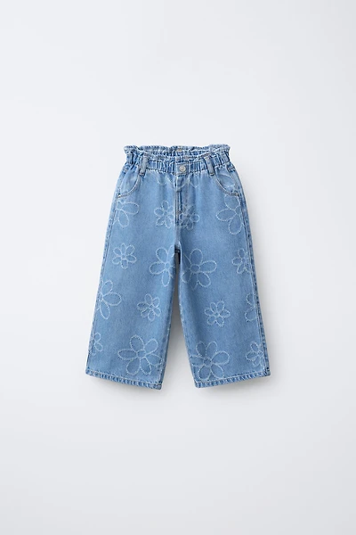 EMBROIDERED FLORAL WIDE LEG JEANS