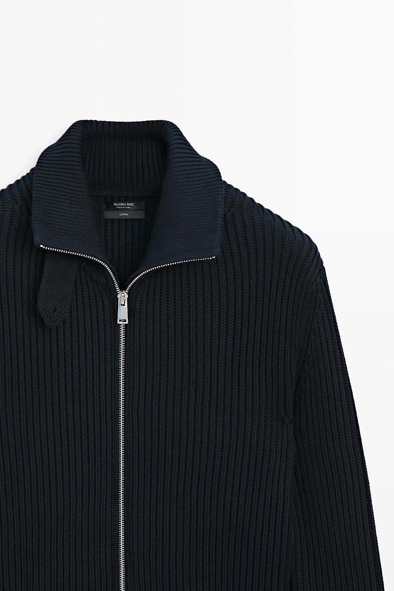 100% cotton knit cardigan with high neck detail