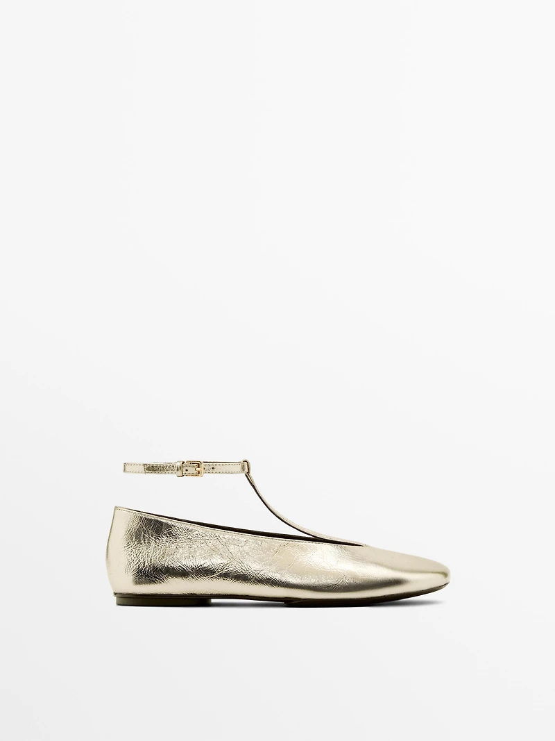 Metallic ballet flats with instep strap