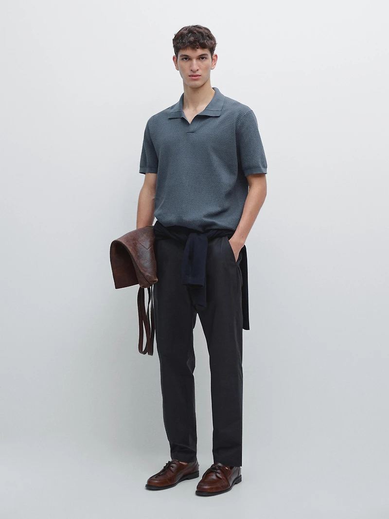 Textured knit V-neck polo shirt