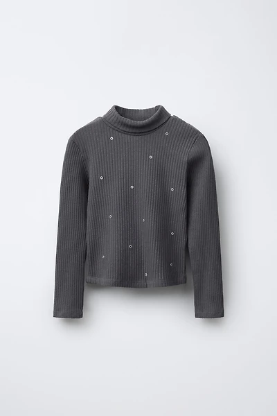 RIBBED TURTLENECK T-SHIRT WITH STUDS