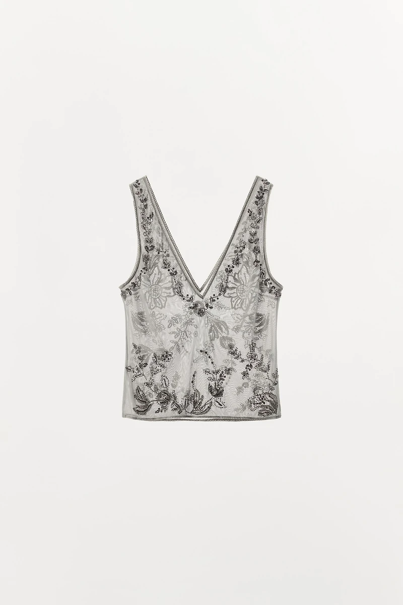 EMBROIDERED TULLE STRAPPY TOP