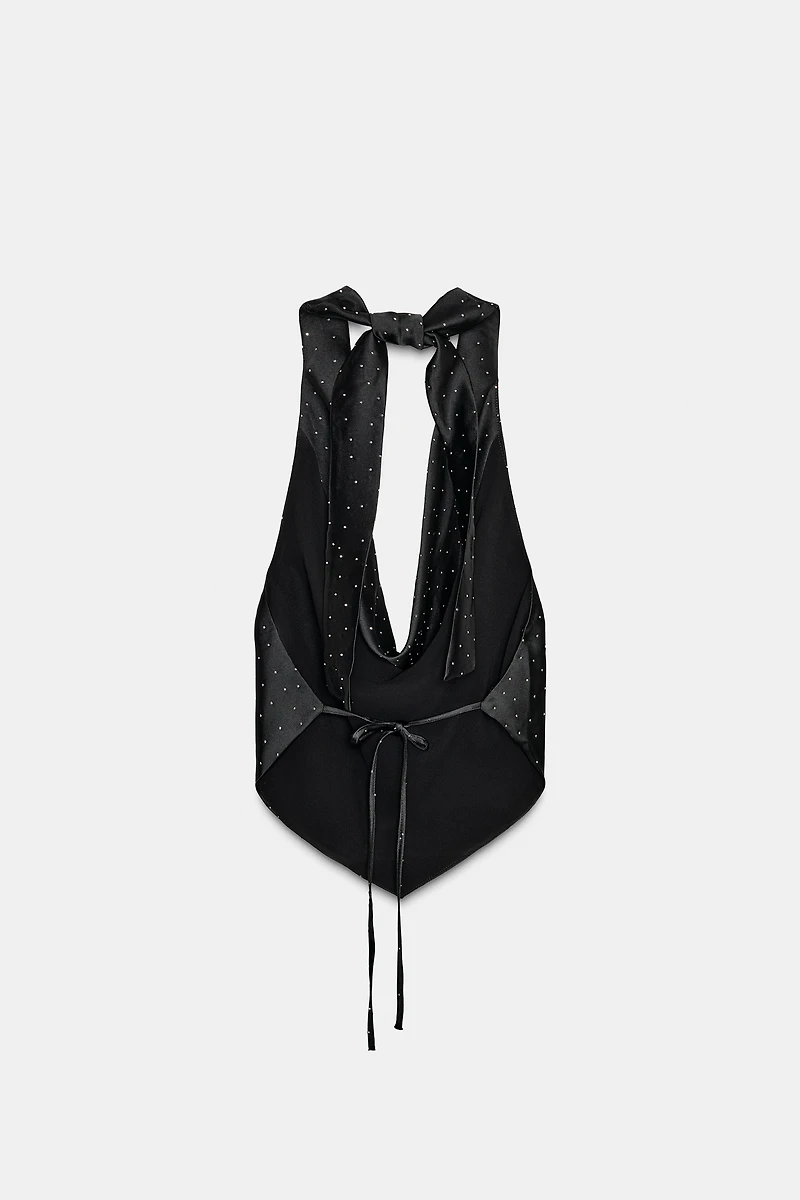 RHINESTONE SATIN EFFECT HALTER TOP