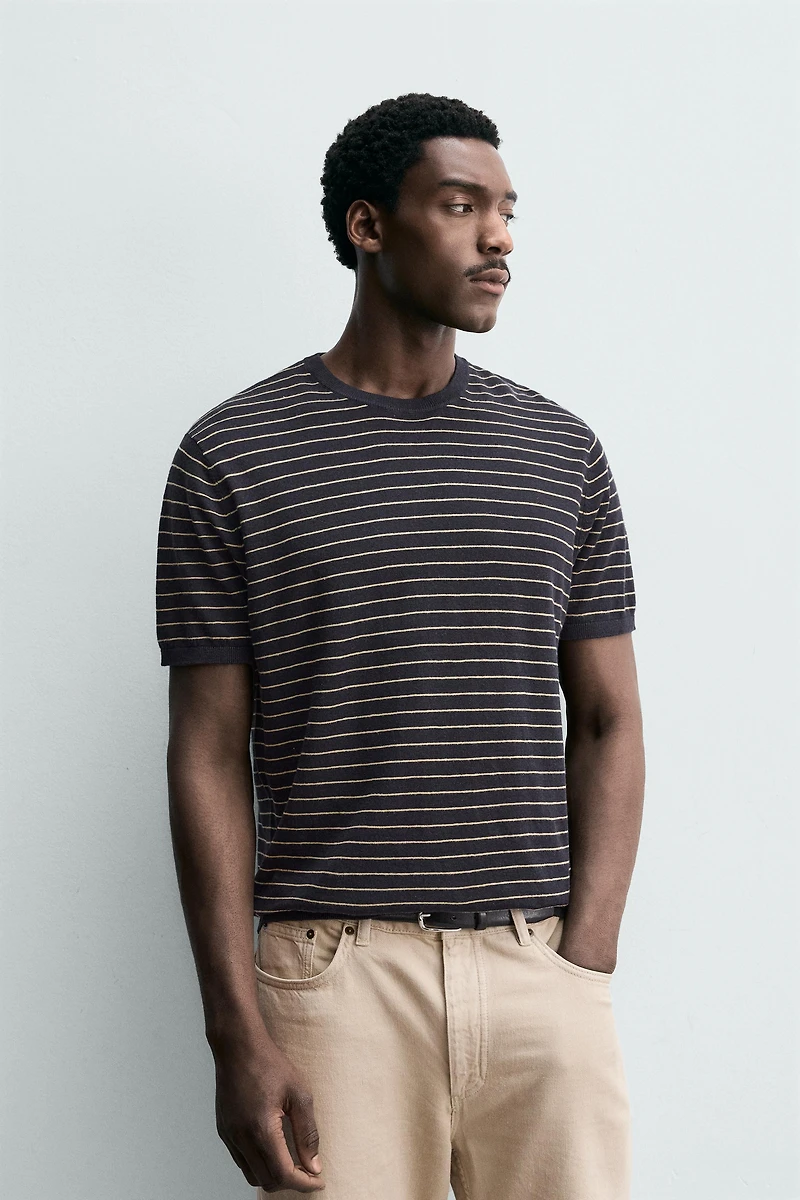 STRIPED LINEN-COTTON KNIT T-SHIRT