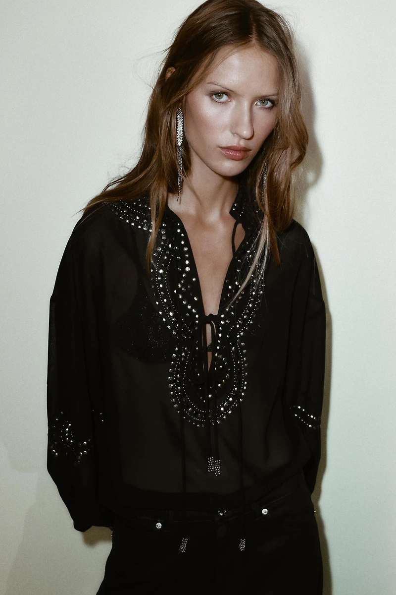 SEMI-SHEER BEADED BLOUSE