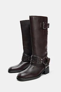 LEATHER EMBROIDERED FLAT BOOTS