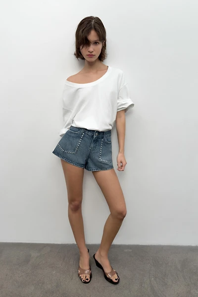 STUDDED TRF DENIM SHORTS