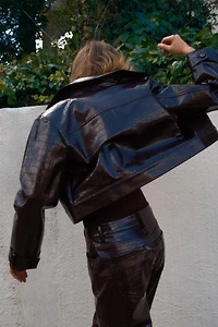 CROPPED FAUX LEATHER ANIMAL EMBOSSED JACKET
