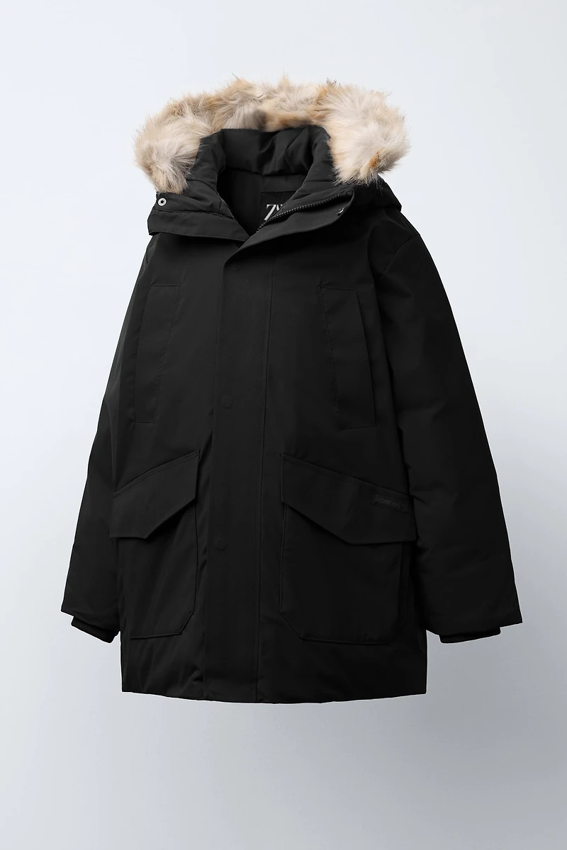 LONG FEATHER DOWN WATER REPELLENT PUFFER COAT WITH DETACHABLE FAUX FUR HOODIE