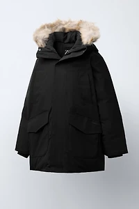 LONG FEATHER DOWN WATER REPELLENT PUFFER COAT WITH DETACHABLE FAUX FUR HOODIE