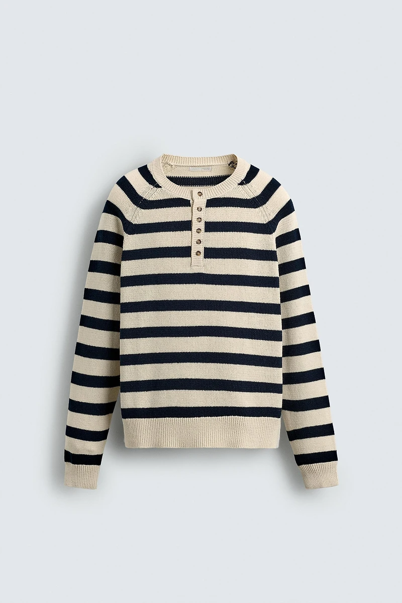 STRIPED SWEATER WITH BUTTON NECK