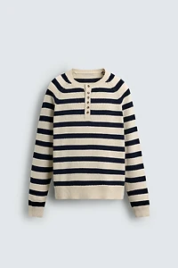 STRIPED SWEATER WITH BUTTON NECK