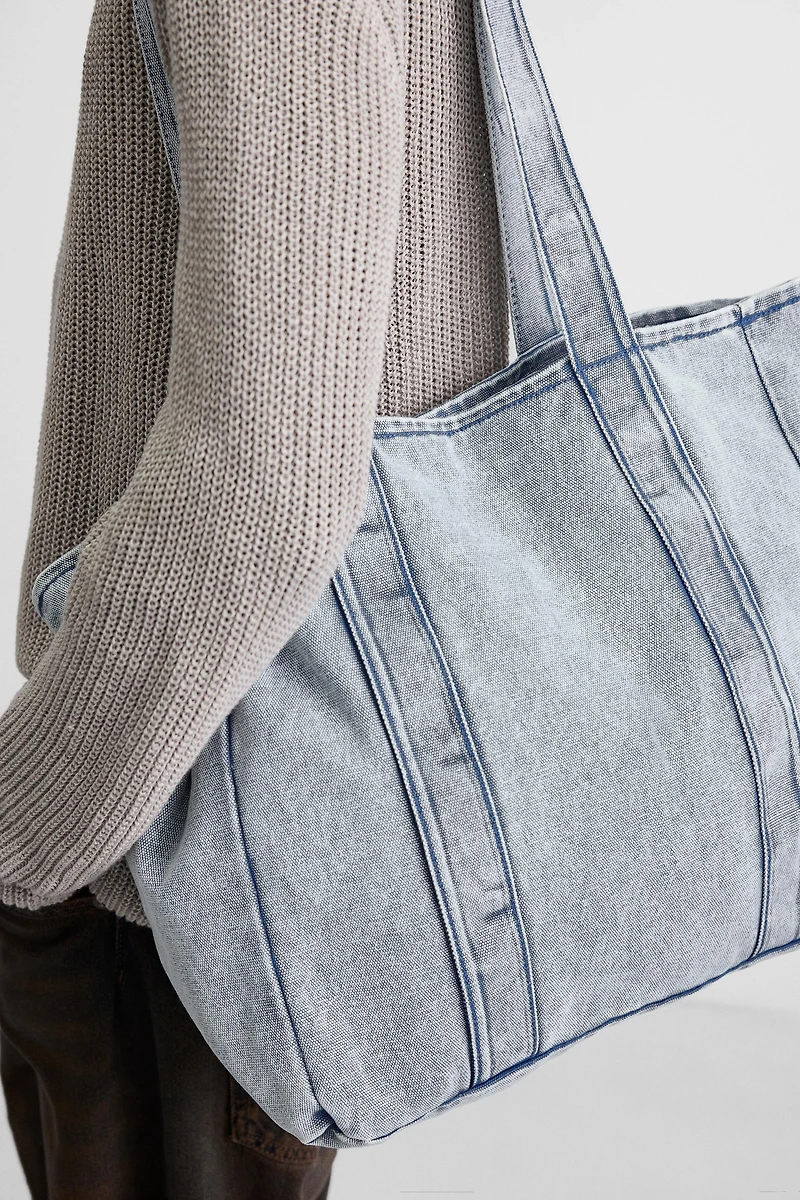 WASHED-EFFECT DENIM SHOPPER BAG