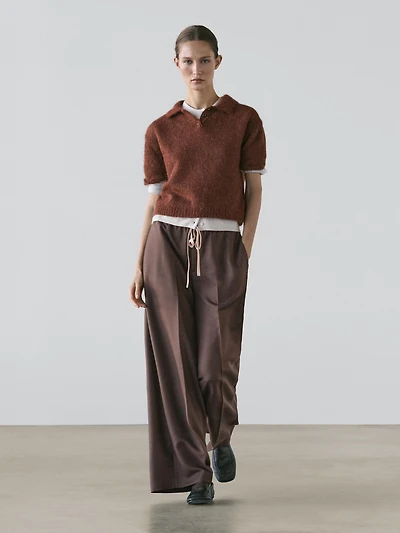 Wool blend contrast drawstring trousers