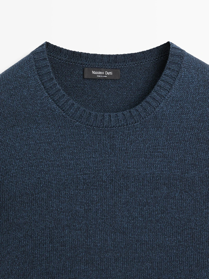 Denim-effect crew neck knit sweater