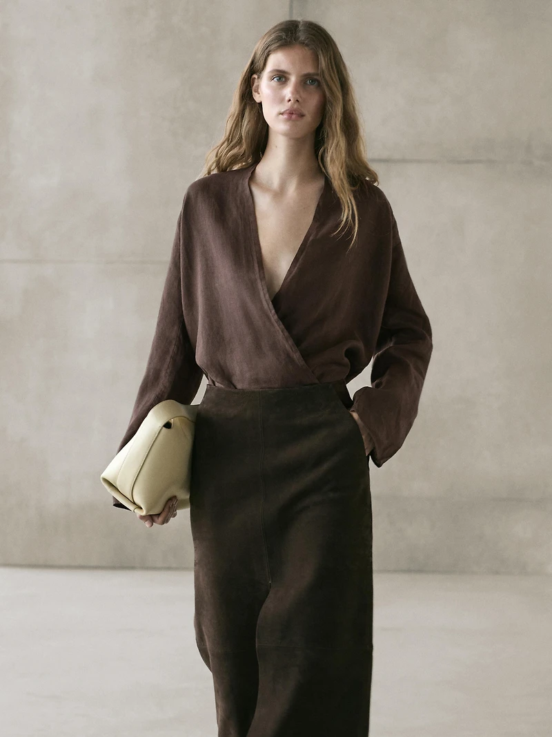 Flowing loose-fitting linen wrap blouse