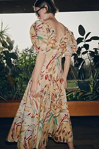 BALLOON SLEEVE PRINTED MIDI DRESS